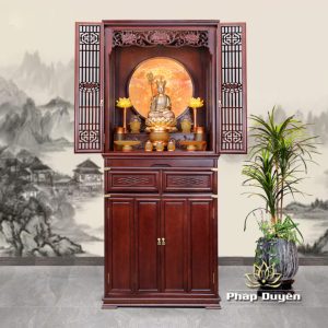 Bộ Tủ Thờ Phật – Gia Tiên Bốn Cánh Lưu Ly Vàng, “Liên Hoa”, KT 89*68*215 cm, Nhiều Chất Liệu