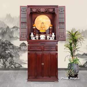 Bộ Tủ Thờ Phật – Gia Tiên Bốn Cánh Sứ Trắng Viền Vàng, “Liên Hoa”, KT 89*68*215 cm, Nhiều Chất Liệu