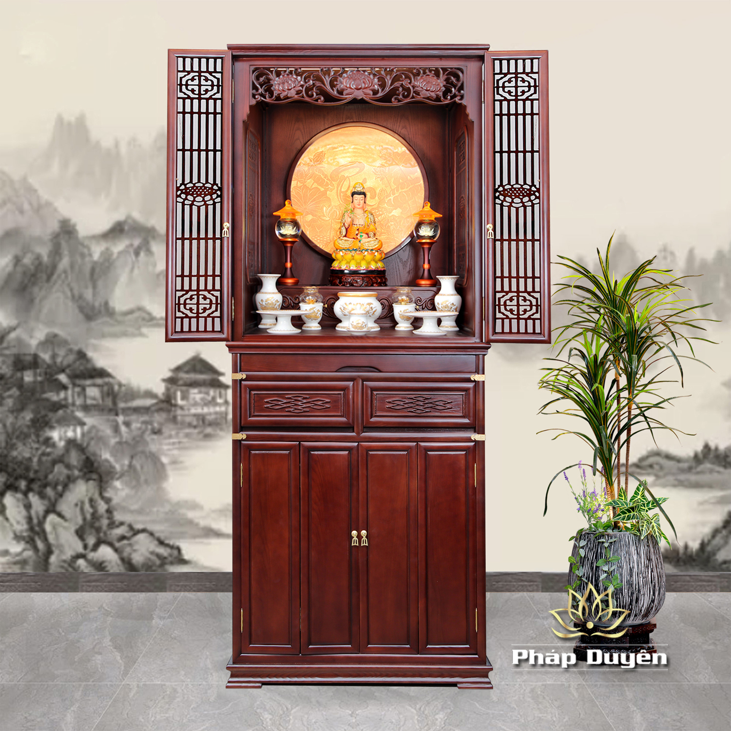 Bộ Tủ Thờ Phật – Gia Tiên Bốn Cánh Sứ Trắng Viền Vàng, “Liên Hoa”, KT 89*68*215 cm, Nhiều Chất Liệu