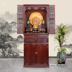 Bộ Tủ Thờ Phật – Gia Tiên Bốn Cánh Đồng Vân Đá Đen, “Liên Hoa”, KT 89*68*215 cm, Nhiều Chất Liệu