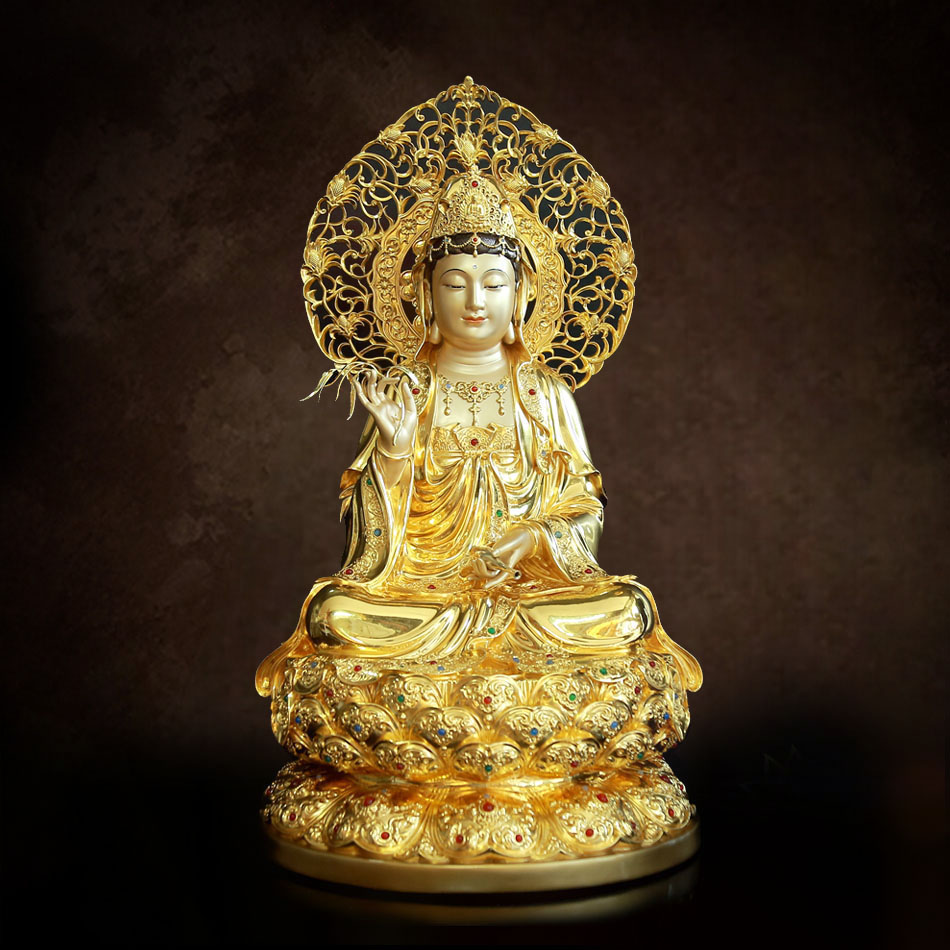 Tượng Quan Âm Ngồi Đài Sen Bằng Đồng Men Cổ Viền Vàng Mẫn Bảo, Cao 66cm (Tổng Lá Đề 77cm)