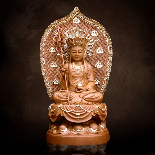 Tượng Địa Tạng Bồ Tát Đài Sen Có Lá Đề Viền Vàng Bằng Gỗ Nguyên Màu, Cao 48cm (Tổng Lá Đề 65cm)